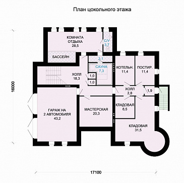 Проект кирпичного дома с гаражом на цокольном этаже / План цокольного этажа