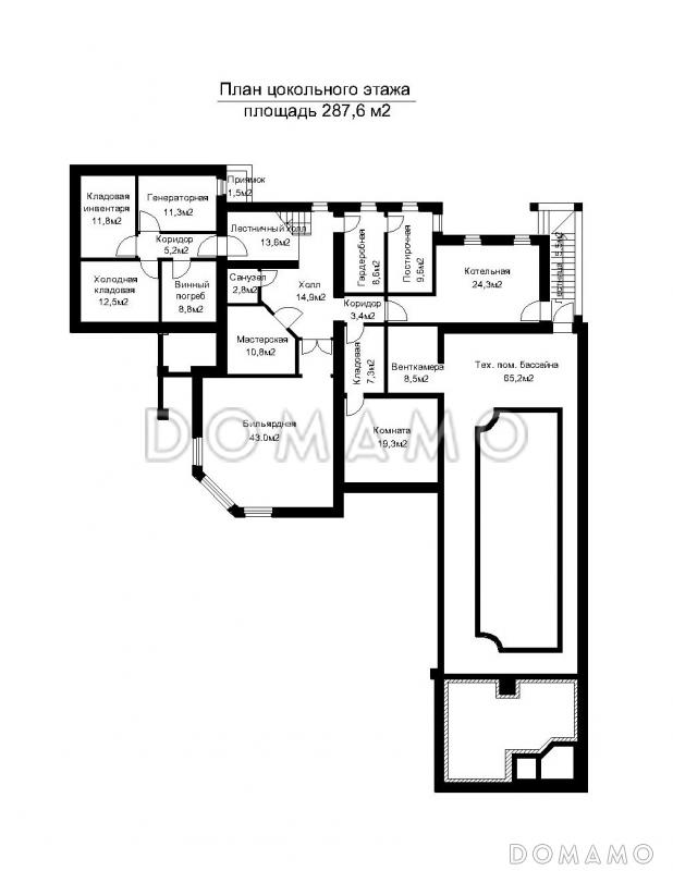 Проект двухэтажного дома с подвалом и пристроенным небольшим бассейном / План цокольного этажа