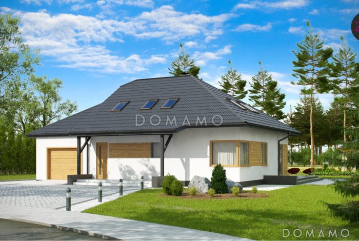 Проект просторного одноэтажного мансардного дома из газобетона с кабинетом, гаражом и комнатой над ним, улучшенная версия