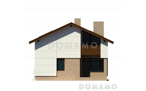 Проект загородного дома из панелей СИП с открытой террасой, небольшой кухонной зоной, вторым светом, балконом и лоджией / Фасад 2