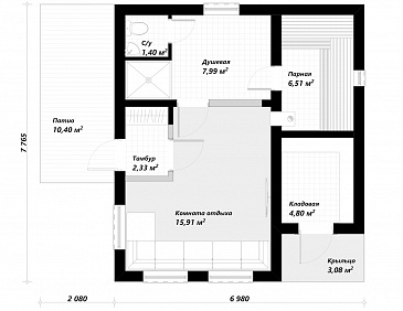 Проект бани из газобетона с четырехскатной крышей / План 1 этажа