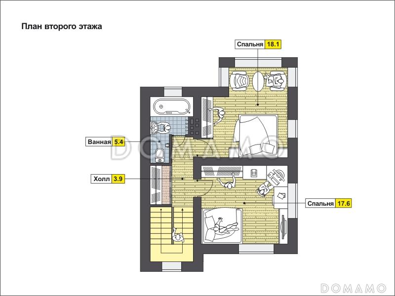 Проект дома с кухней-столовой, двумя спальнями, угловой ванной / План 2 этажа