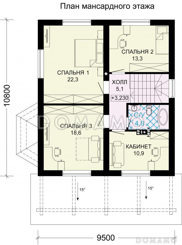 Проект загородного дома с крытой террасой и просторными спальными комнатами / План мансардного этажа
