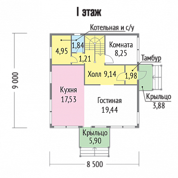 Проект каркасного дома с двумя небольшими балконами на втором этаже / План 1 этажа
