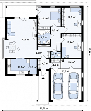 Проект одноэтажного дома из газобетона со стеклянным эркером в более просторной гостиной и гаражом на два автомобиля / План 1 этажа