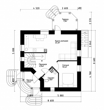 Проект квадратного  коттеджа  со входом с угла, террасой и подвалом. / План 1 этажа