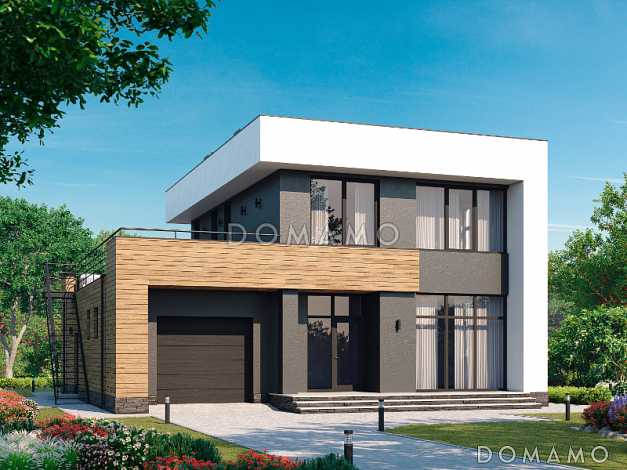 Проект дома с гаражом, террасой, хозяйской спальней, эксплуатируемой кровлей на втором этаже