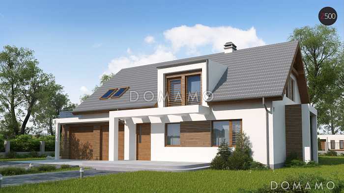 Проект одноэтажного мансардного дома из газобетона с эркером в кухонной зоне, вертикальным мансардным окном и гаражом