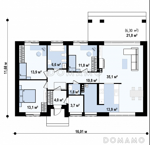 Проект одноэтажного загородного дома с просторной кладовой на кухне, террасой, ванной с окном / План 1 этажа
