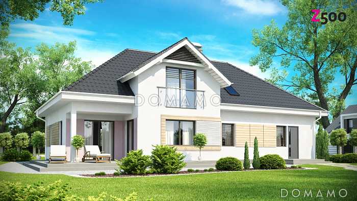 Проект просторного одноэтажного дома из кирпича со свободной зоной на мансардном этаже и со встроенным гаражом