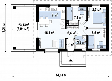 Проект компактного одноэтажного дома из кирпича с тремя спальнями, с высоким остеклением в гостиной / План 1 этажа