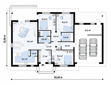 Проект просторного одноэтажного дома из газобетона с гаражом тремя спальнями / План 1 этажа