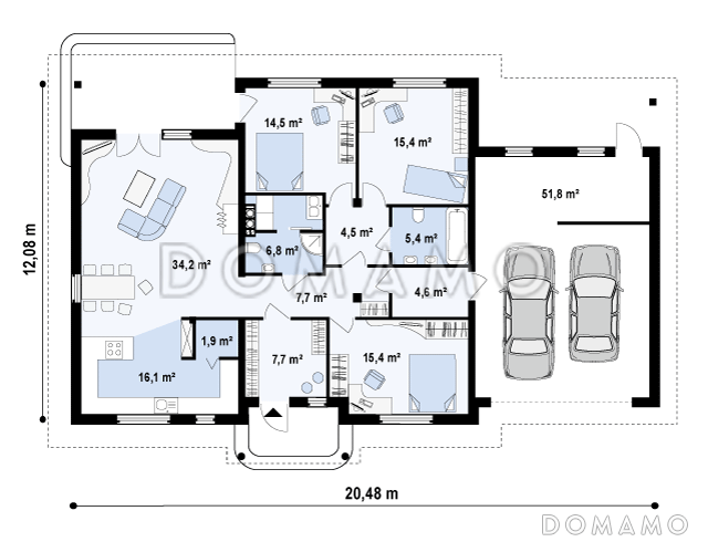 Проект просторного одноэтажного дома из газобетона с гаражом тремя спальнями / План 1 этажа