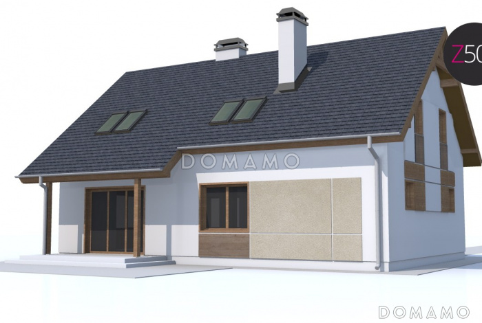 Проект одноэтажного мансардного дома из газобетона с эркером в столовой зоне, кабинетом и со встроенным гаражом