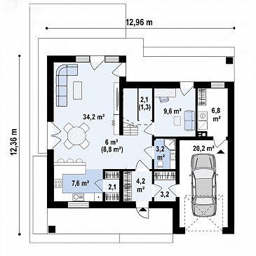 Проект загородного дома с мансардой, гаражом на одну машину, кладовой под лестницей и в кухне / План 1 этажа