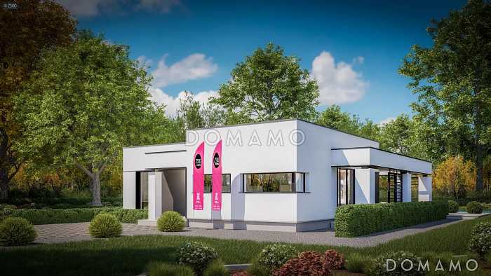 Проект кирпичного дома с террасой, окнами в пол и большой гостиной