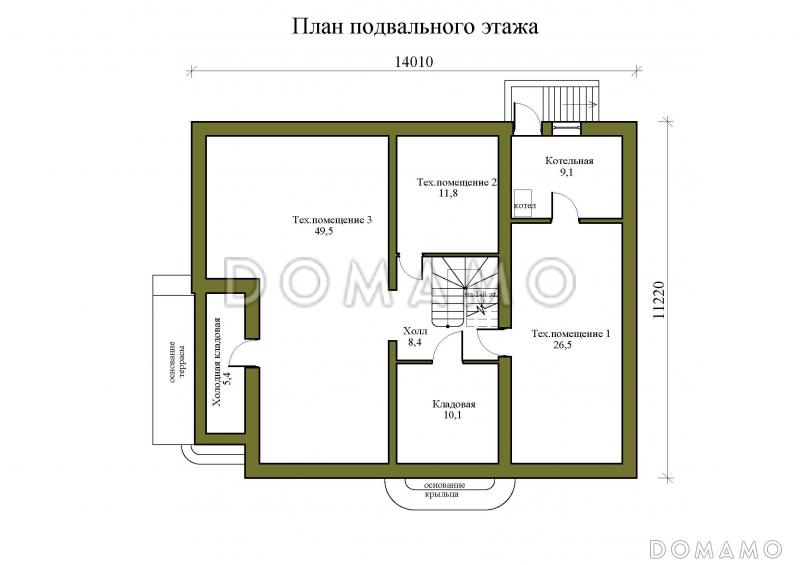 Проект двухэтажного дома из керамических блоков с двускатной крышей с подвалом, террасой и балконом / План цокольного этажа