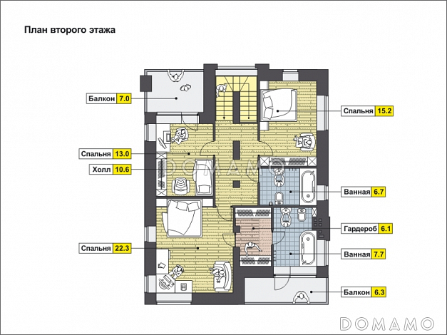 Двухэтажный загородный дом с облицовкой кирпичом, крытой террасой, спальней на первом этаже, двумя балконами / План 2 этажа