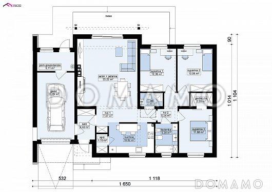 Проект одноэтажного дома из кирпича с гаражом и отделённой спальной зоной / План 1 этажа