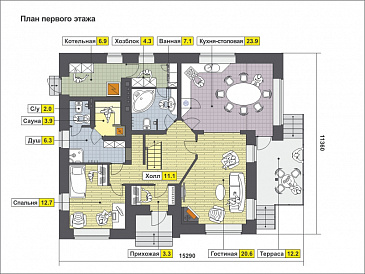 Проект загородного дома с открытой террасой, сауной и душевой, гостиной с камином / План 1 этажа