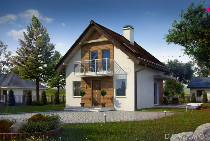 Проект компактного одноэтажного мансардного дома из кирпича с двумя спальнями для строительства на небольшом участке