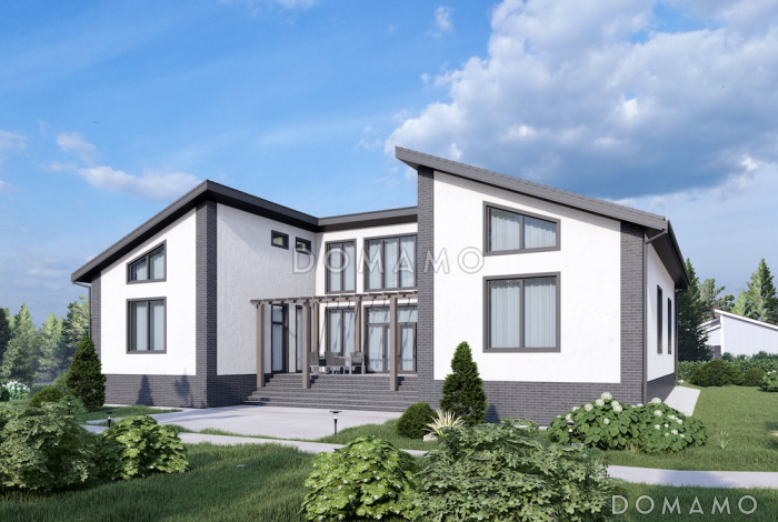 Проект П-образного дома с мансардой, мастер-спальней, кабинетом и вторым светом