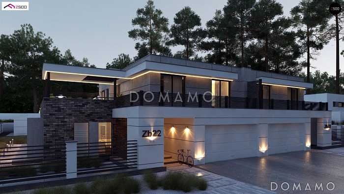 Проект современного двухуровневого дома из кирпича с плоской крышей, террасами и гаражом 