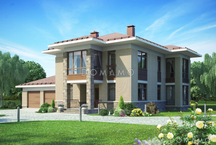 проект двухэтажного дома с большой гостинной и гаражом на две машины