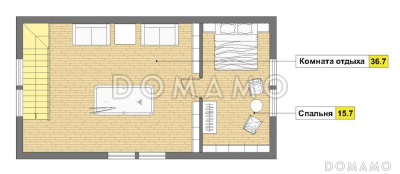 Проект каркасной бани с угловой крытой террасой, сараем и мансардным этажом / План мансардного этажа