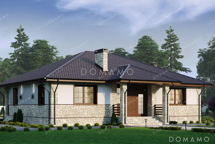 Проект одноэтажного дома с 3 спальнями и небольшой террасой