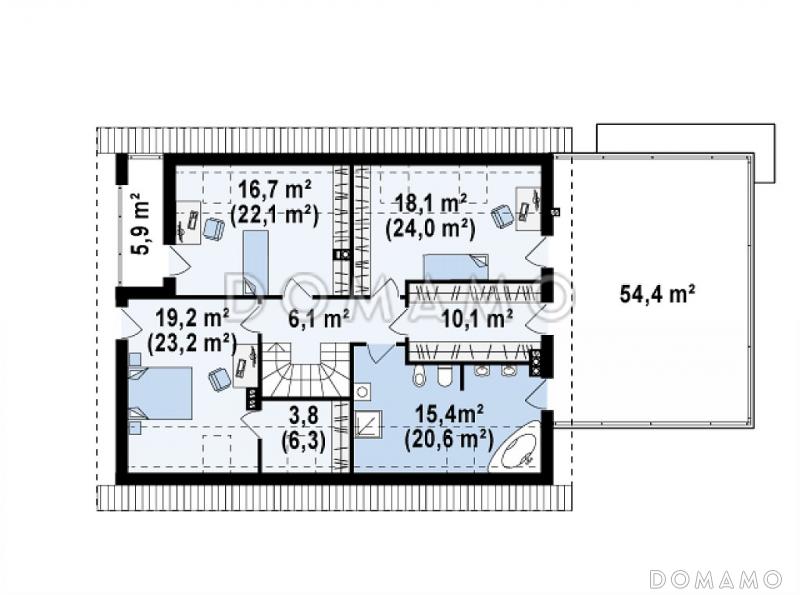 Проект просторного одноэтажного дома с мансардным этажом из кирпича со встроенным гаражом и большой террасой над ним / План мансардного этажа