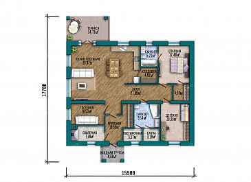 Проект одноэтажного дома с мастер-спальней, просторной кухней-гостиной, сауной и постирочной / План 1 этажа
