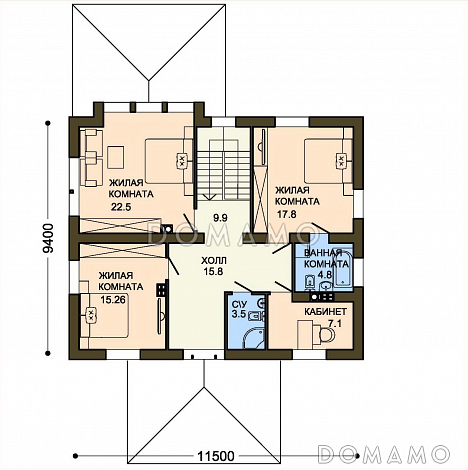 Проект двухэтажного коттеджа с панорамным остеклением на террасу и со вставками красного кирпича / План 2 этажа