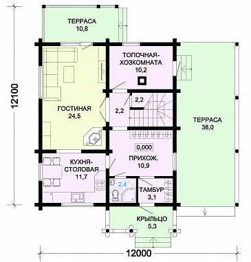 Проект деревянного дома с навесом для автомобиля / План 1 этажа
