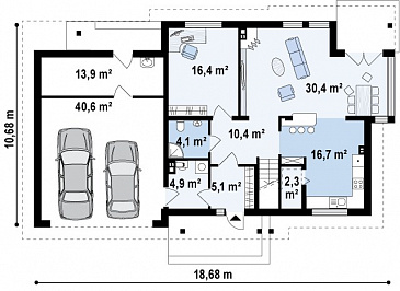 Проект двухэтажного дома из газобетона с эркером и балконом над ним, с тремя спальнями, кабинетом и двухместным гаражом / План 1 этажа