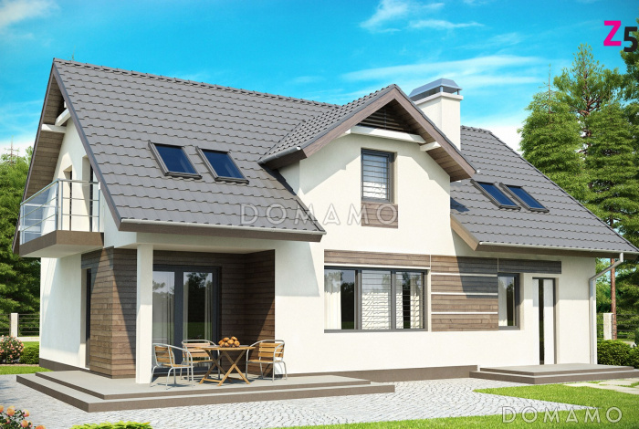 Проект одноэтажного мансардного дома из газобетона с балконом, с четырьмя спальнями и встроенным гаражом