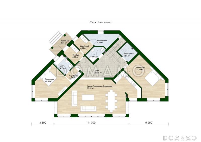 Проект дома сложной формы с 5 спальнями, кабинетом и большим холлом со вторым светом / План 1 этажа