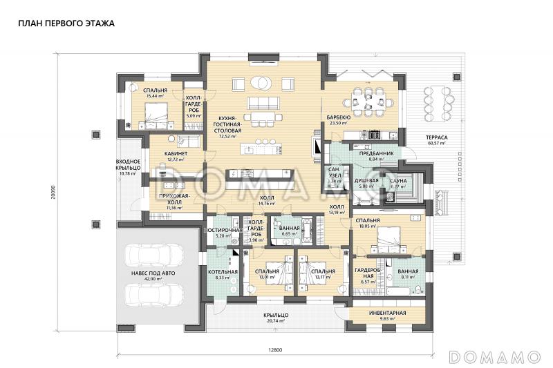 Проект одноэтажного дома с приватным блоком, спа-зоной, навесом для двух автомобилей и террасой с барбекю / План 1 этажа