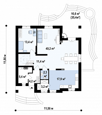 Проект уютного дома с цокольным этажом, камином на террасе, просторной гостиной, кладовой в кухне / План 1 этажа