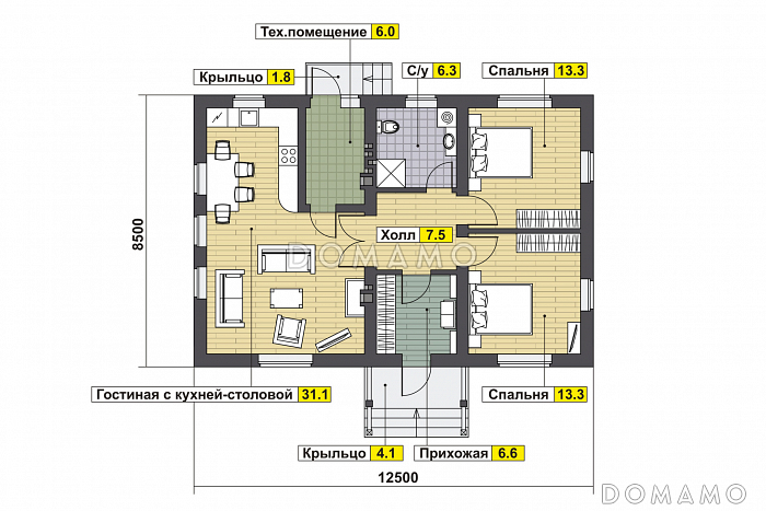 Проект дома по технологии ЛСТК с двумя спальнями, гостиной с кухней-столовой, техническим помещением, небольшим холлом и санузлом / План 1 этажа