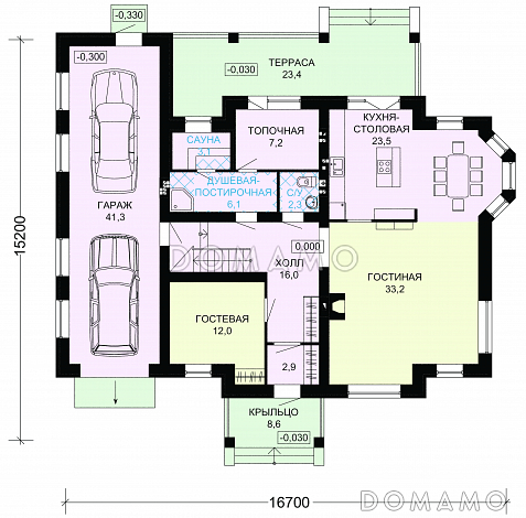 Проект дома с гаражом на две машины и кабинетом на мансардном этаже / План 1 этажа