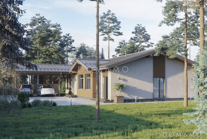 Проект одноэтажного дома из кирпича с крытой зоной для барбекю, навесом для двух машин, просторной дневной зоной и тремя спальнями