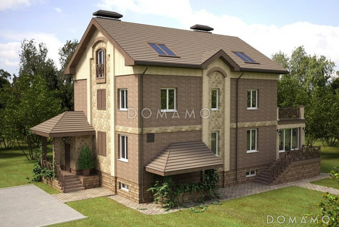 Проект большого кирпичного коттеджа с верандой, сауной и СПА-залом