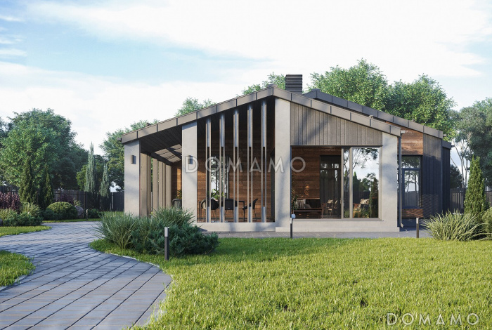 Проект дома с просторной гостиной-столовой, изолированной кухней, 4 спальнями и застекленной террасой