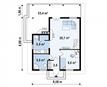 Проект компактного одноэтажного мансардного дома из кирпича с барбекю на крытой террасе / План 1 этажа