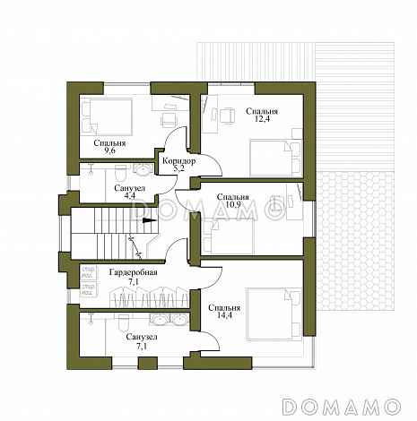 Проект каркасного двухэтажного дома с 4 спальнями и кабинетом / План 2 этажа