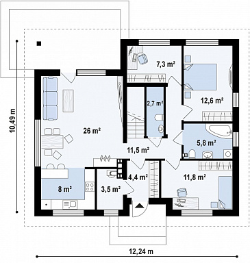 Проект одноэтажного дома из кирпича с тремя спальнями и небольшой крытой угловой террасой, с жилой мансардой / План 1 этажа