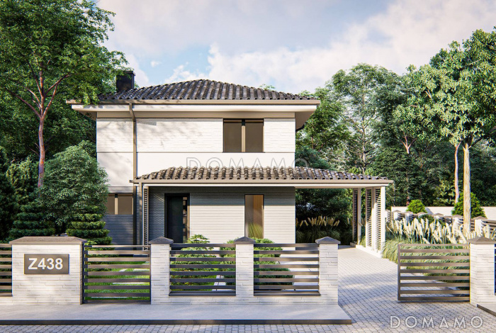 Проект дома с кабинетом, объединенной кухней и гостиной, террасой, спальнями на втором этаже