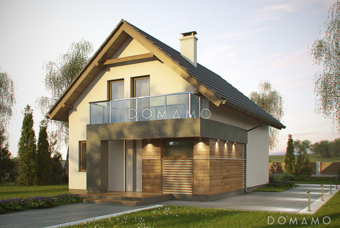 Проект компактного одноэтажного мансардного дома из кирпича с двумя балконами и тремя спальнями