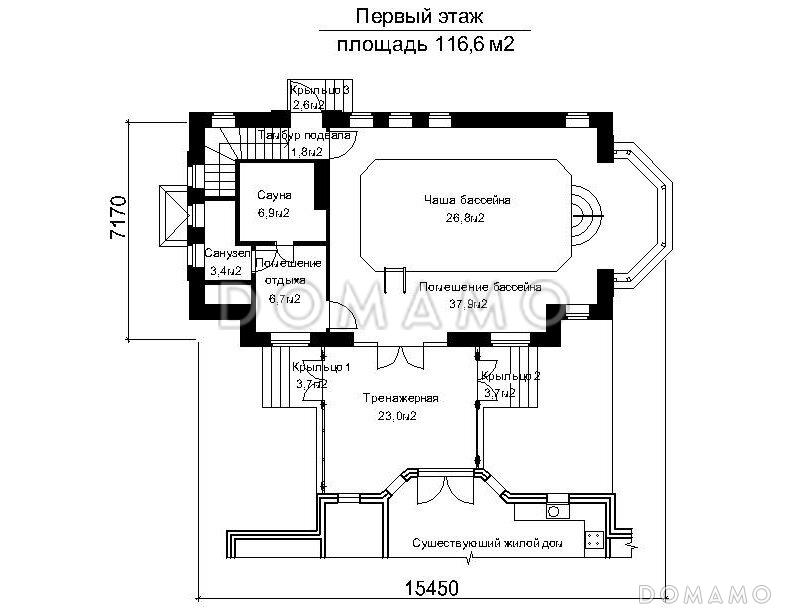 Проект пристроенного бассейна круглогодичного использования с мансардными окнами / План 1 этажа